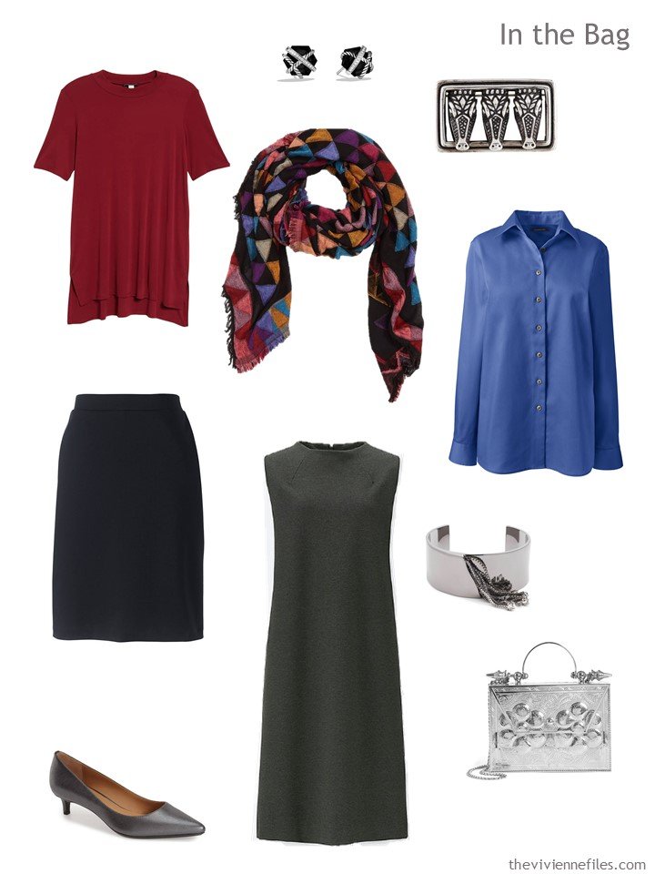 4. business travel capsule wardrobe in grey, black, red and blue