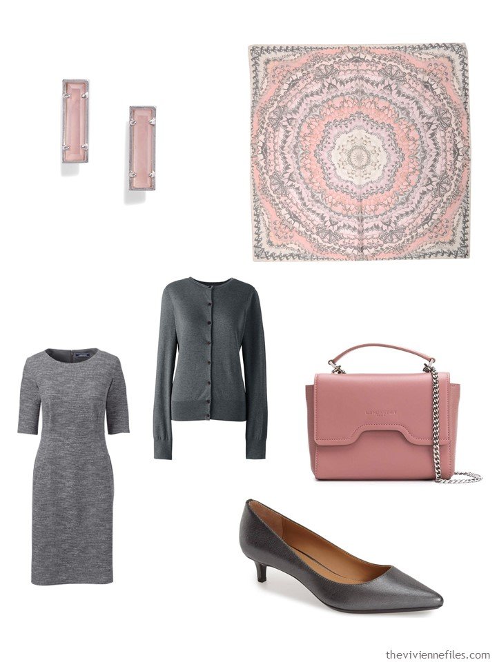 4. grey dress and cardigan with accessories