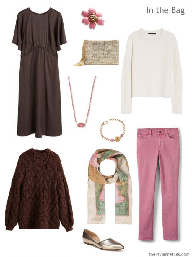 4. travel capsule wardrobe in brown, ivory and pink