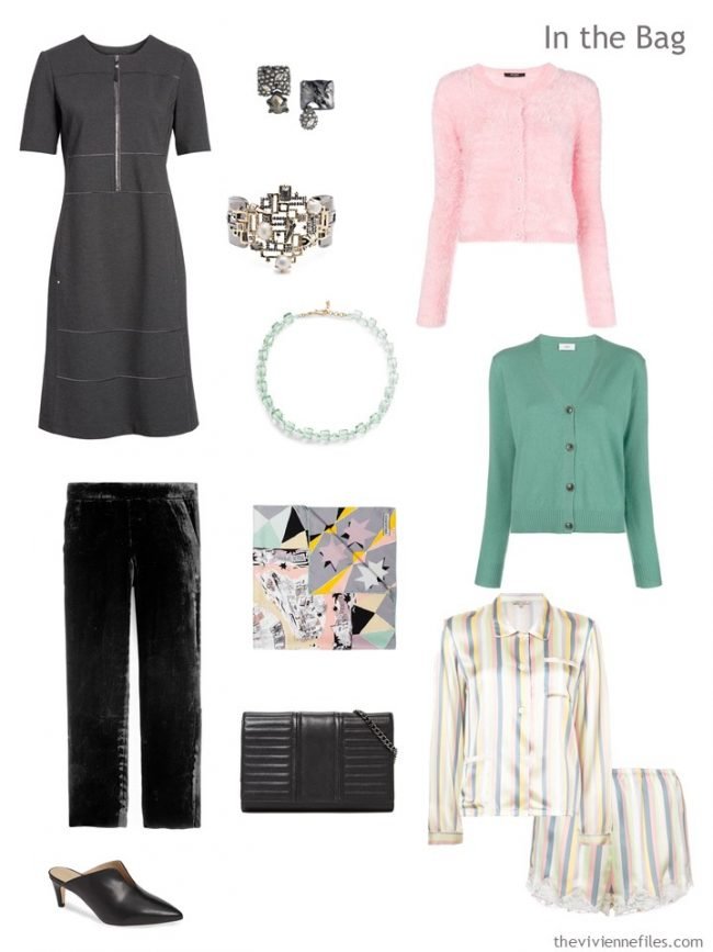 4. travel capsule wardrobe in grey, black, pink and green