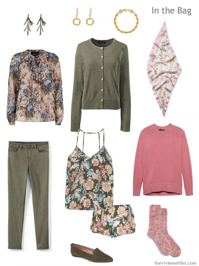 4. travel capsule wardrobe in olive green and pink