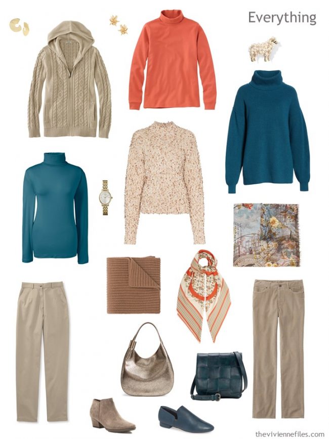 5. travel capsule wardrobe in beige, teal and orange