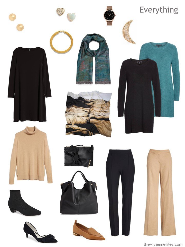 5. travel capsule wardrobe in black, camel and teal