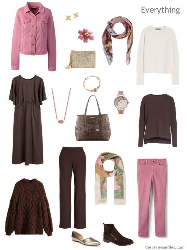 5. travel capsule wardrobe in brown, ivory and pink