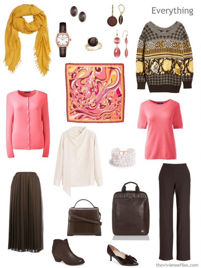 5. travel capsule wardrobe in brown, pink, ivory and gold