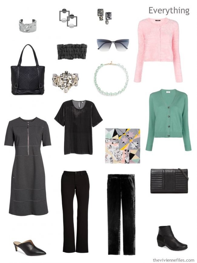 5. travel capsule wardrobe in grey, black, pink and green