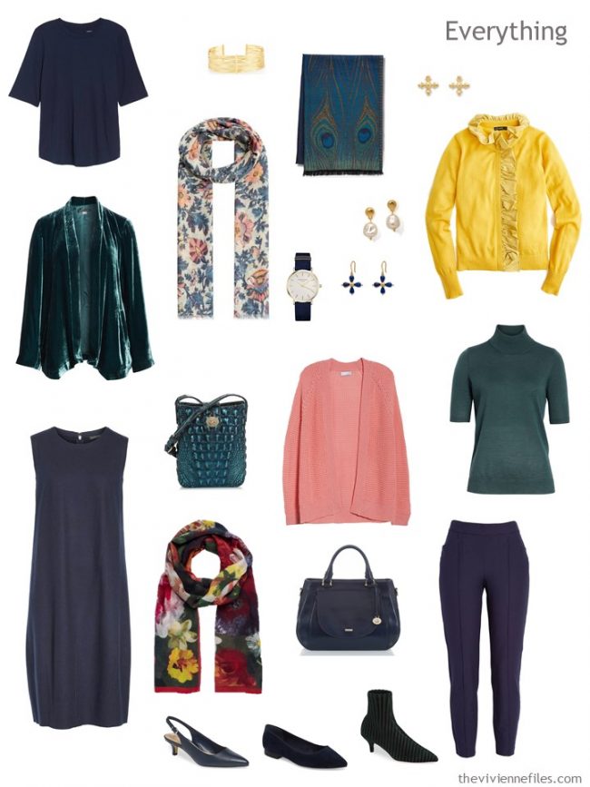 5. travel capsule wardrobe in navy, pine, pink and yellow