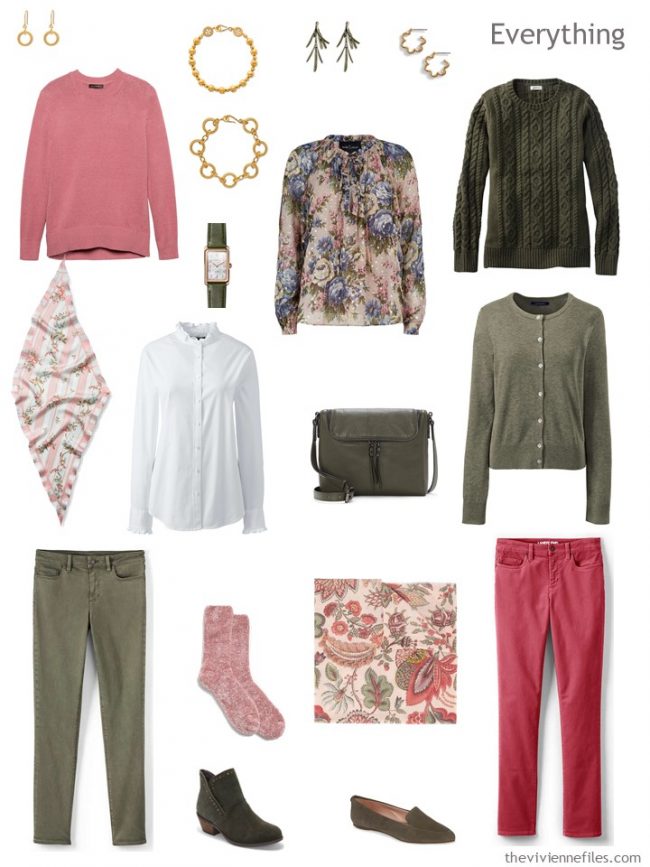 5. travel capsule wardrobe in olive, pink and whte