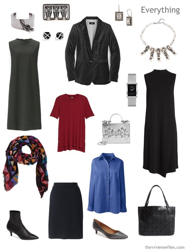 5.business travel capsule wardrobe in grey, black, blue and red