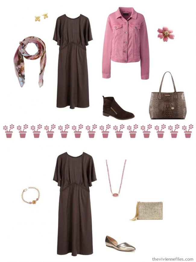 6. 2 ways to wear a brown dress from a travel capsule wardrobe