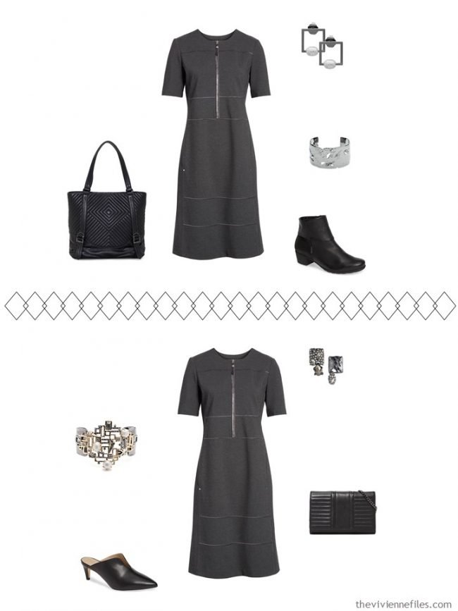 6. 2 ways to wear a grey dress from a travel capsule wardrobe