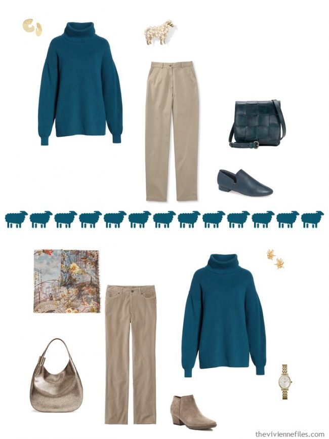 6. 2 ways to wear a teal turtleneck from a travel capsule wardrobe