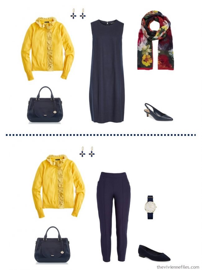 6. 2 ways to wear a yellow cardigan from a travel capsule wardrobe