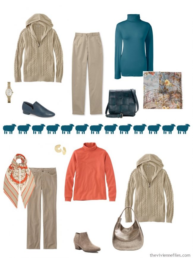 8. 2 ways to wear a beige hooded cardigan from a travel capsule wardrobe