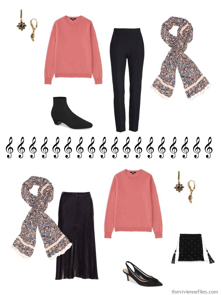 8. 2 ways to wear a coral sweater from a travel capsule wardrobe