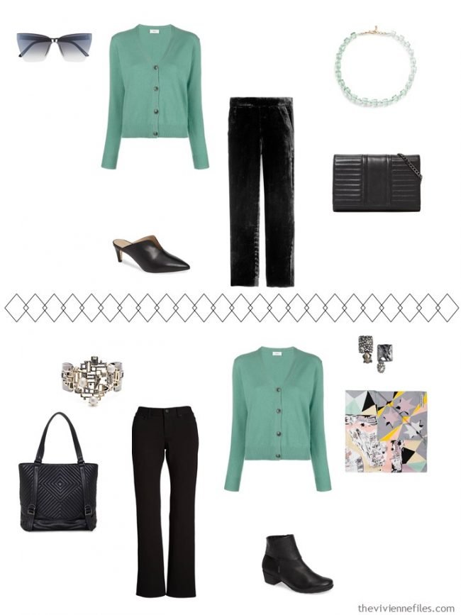 8. 2 ways to wear a green sweater from a travel capsule wardrobe