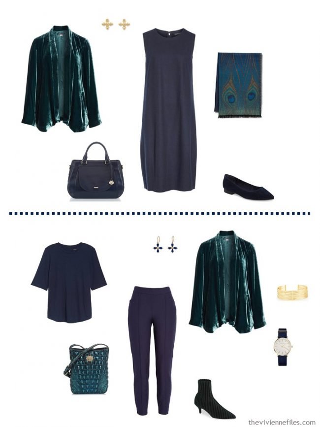 8. 2 ways to wear a green velvet jacket from a travel capsule wardrobe