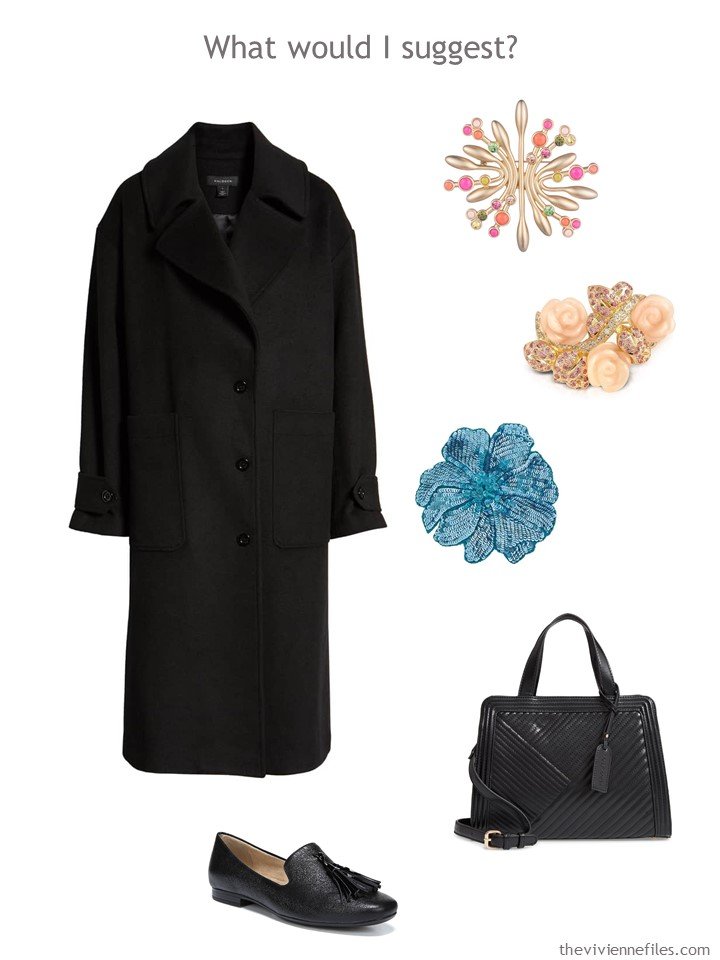 1. adding a black coat, bag, loafers, and 3 pastel brooches to a capsule wardrobe