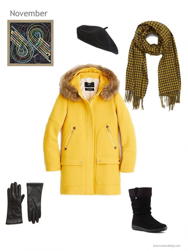 1. bright yellow winter coat with black accessories