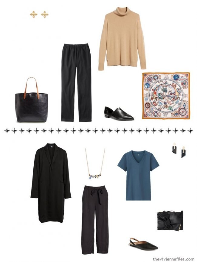 10. 2 additional outfits from a capsule wardrobe in black, camel, iviroy and teal