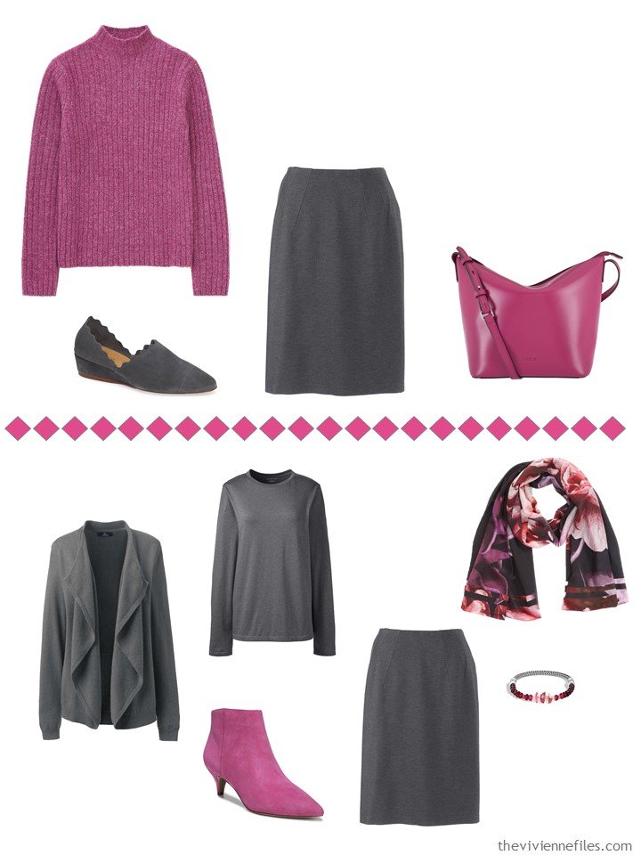 10. accessorizing a charcoal grey skirt with Pink Peacock