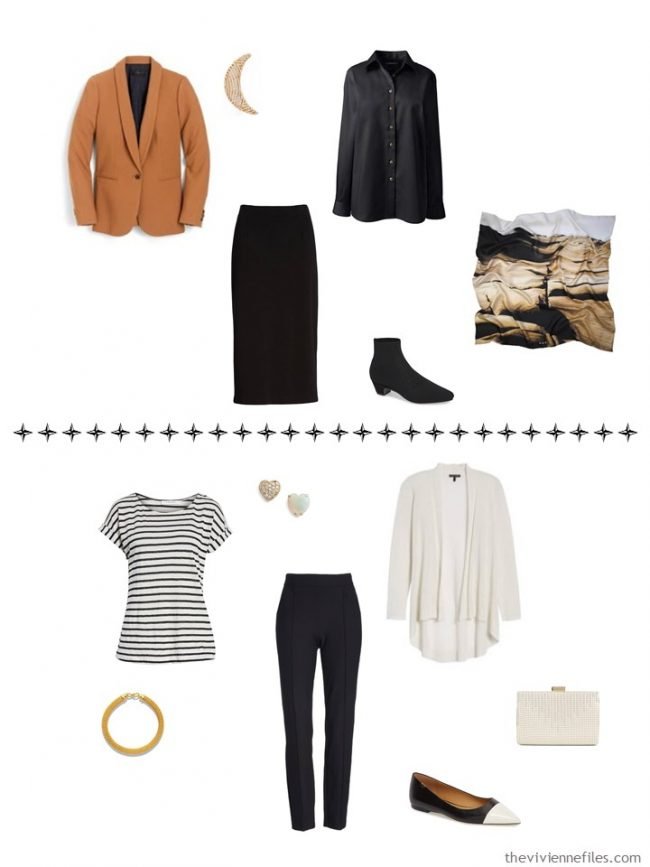 11. 2 additional outfits from a capsule wardrobe in black, ivory, teal and ivory