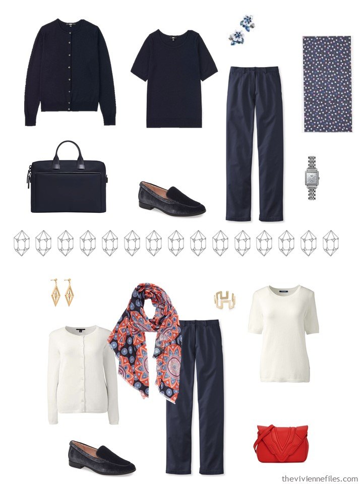 11. 2 outfits from a navy, red, blue and ivory capsule wardrobe