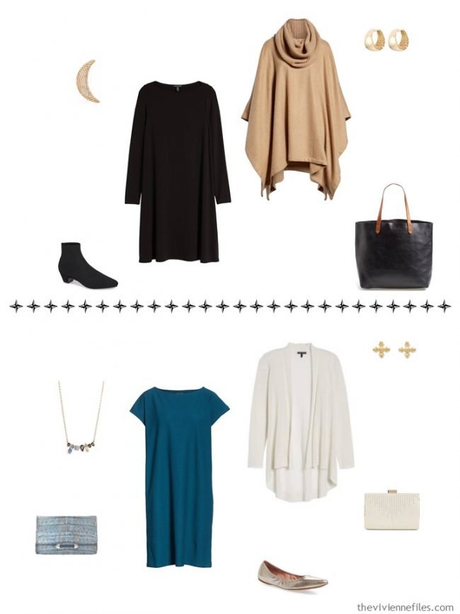 12. 2 additional outfits from a capsule wardrobe in black, ivory, camel and teal