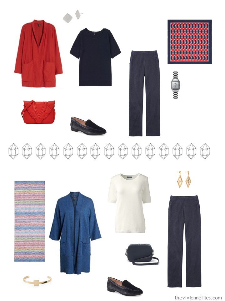 12. 2 outfits from a navy, red, blue and ivory capsule wardrobe