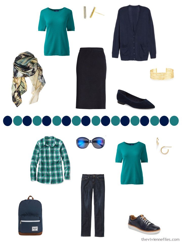 12. 2 ways to wear a teal cashmere short-sleeved sweater in teal in a capsule wardrobe