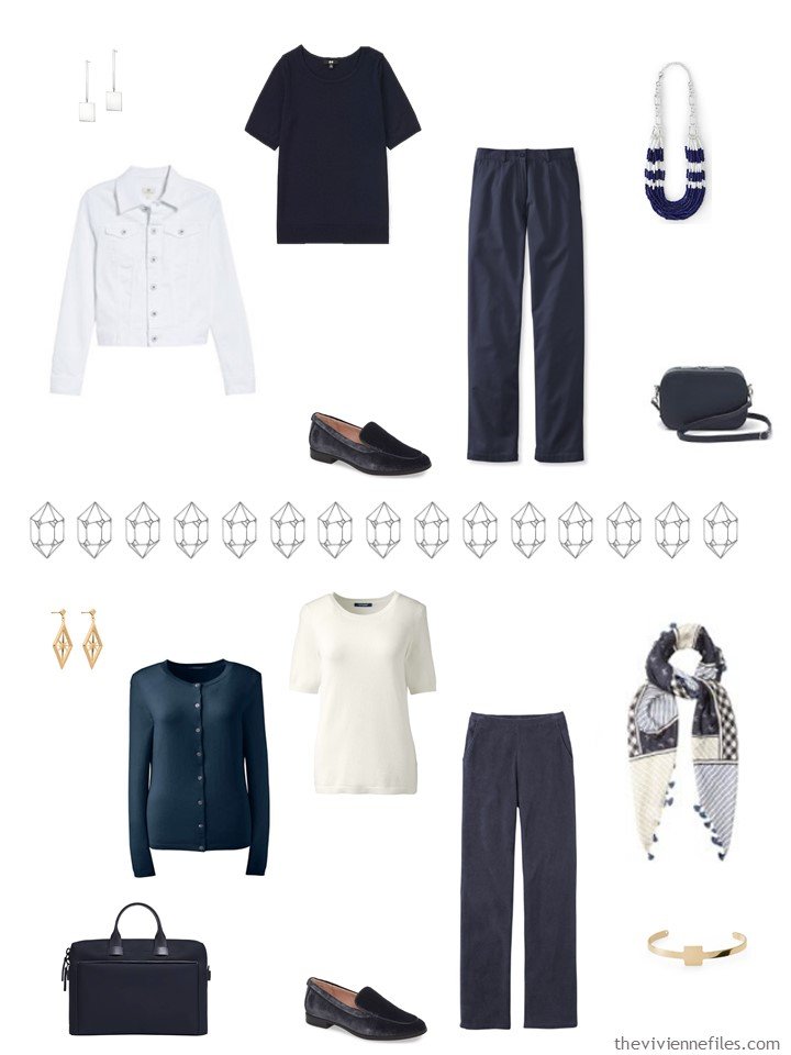 13. 2 outfits from a navy, red, blue, and ivory capsule wardrobe