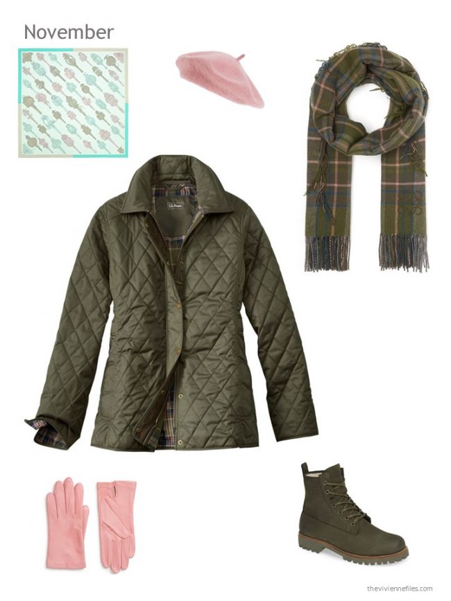 13. olive winter jacket with pink and olive accessories