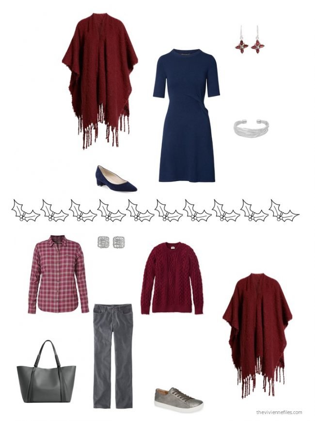 16. 2 ways to wear a cranberry poncho from a capsule wardrobe