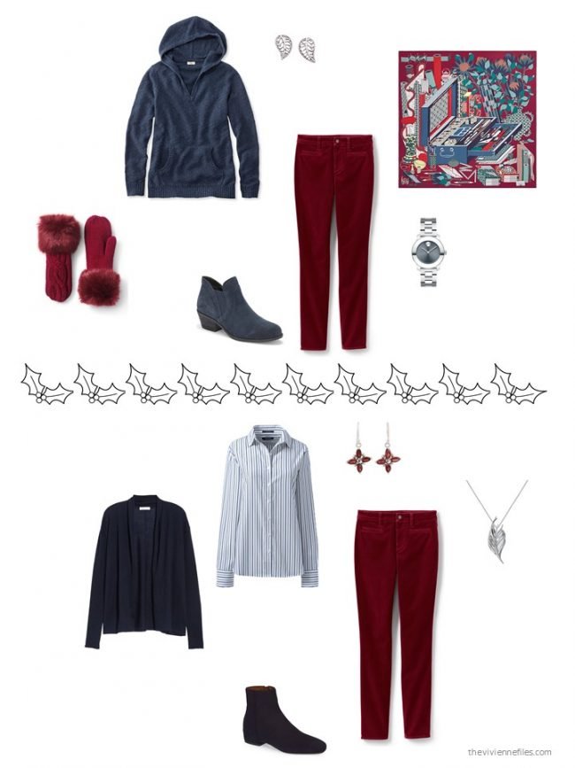 17. 2 ways to wear cranberry velvet jeans from a capsule wardrobe