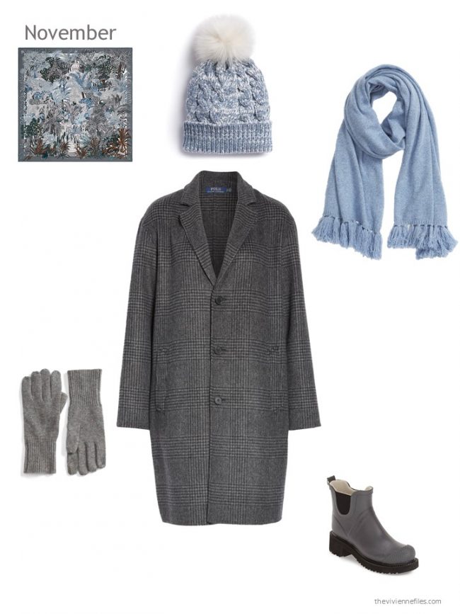 17. grey plaid winter coat with light blue and grey accessories