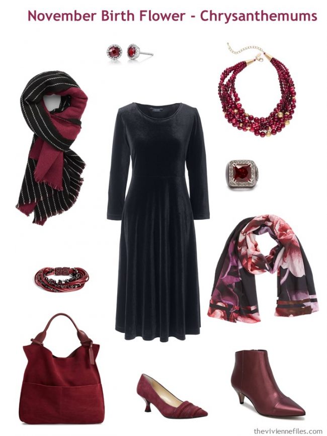 2. black dress accented with wine red