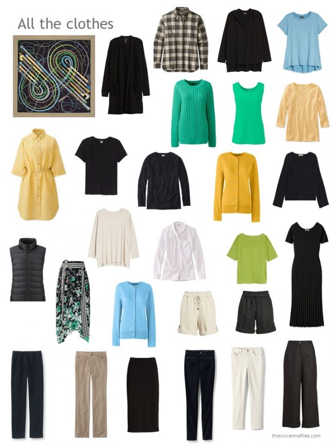 2. capsule wardrobe in black, blue, yellow and white