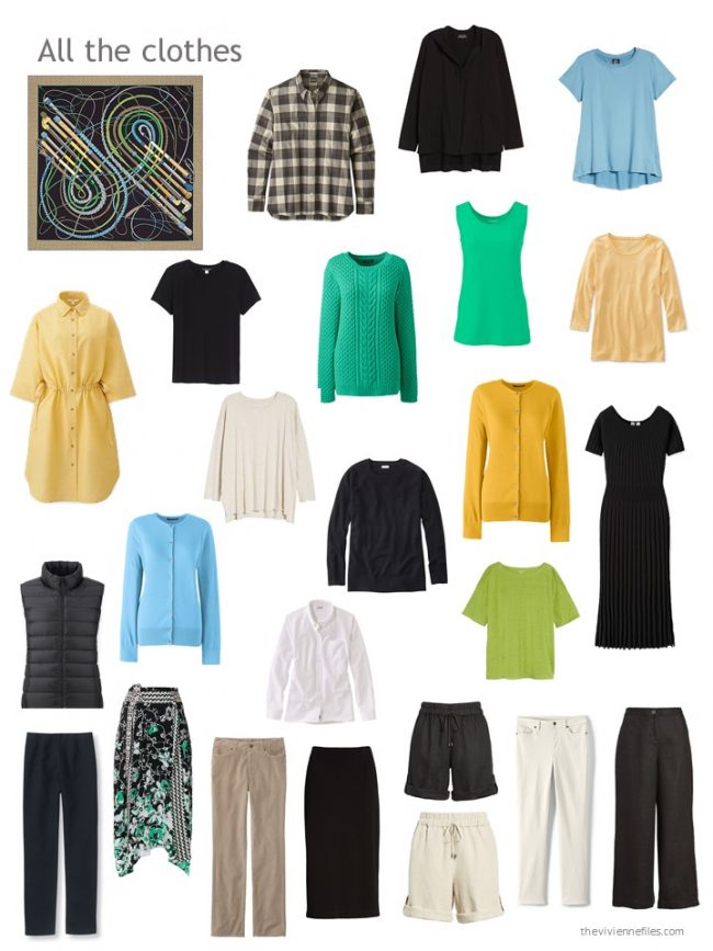 2. capsule wardrobe in black, ivory, yellow, green and blue