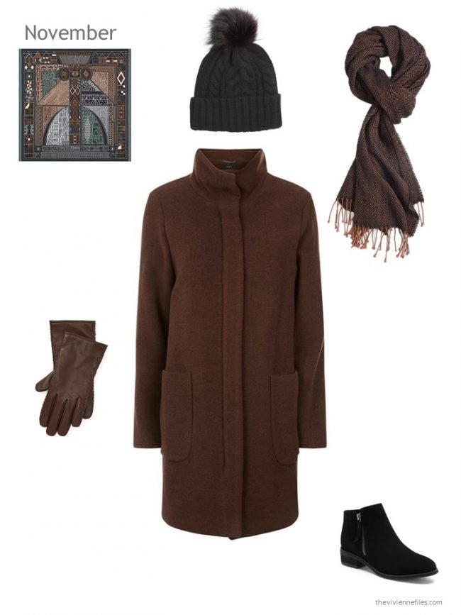 21. brown winter coat with black and brown accessories