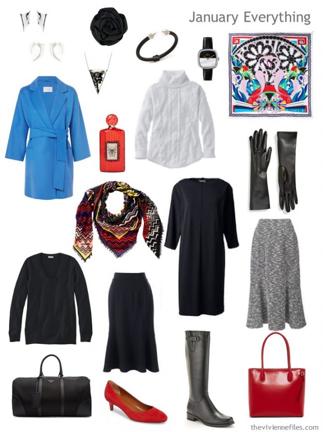 3. Capsule Travel Wardrobe for January in black, white, red and blue