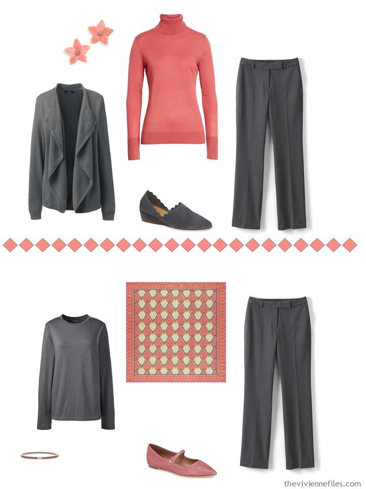 3. accessorizing charcoal grey pants with Living Coral