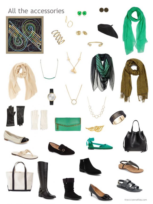 3. black, green and yellow accessories