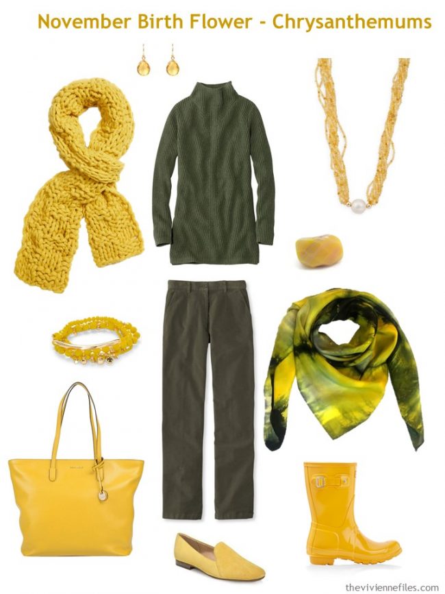 3. olive pants and sweater accented with gold