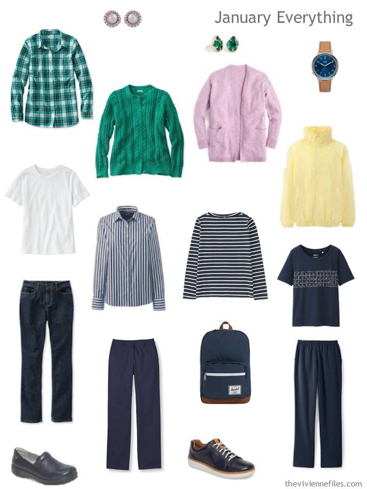 3. travel capsule wardrobe in navy with green, pink and yellow