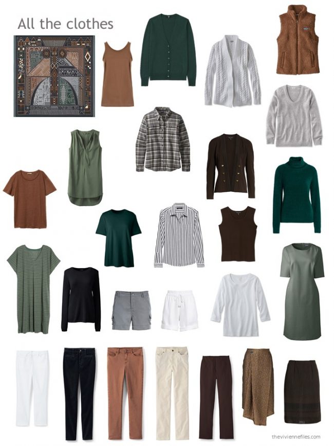 30. capsule wardrobe in brown, black, green, grey and white