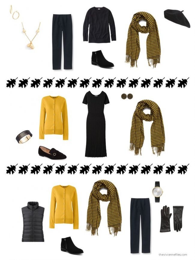 4. 3 ways to wear a black and yellow scarf from a capsule wardrobe