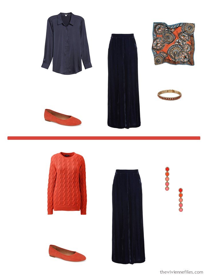 4. Midnight blue pants accented with Fiesta Orange