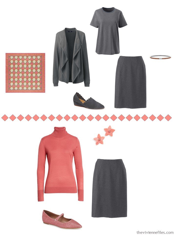 4. accessorizing a charcoal grey skirt with Living Coral