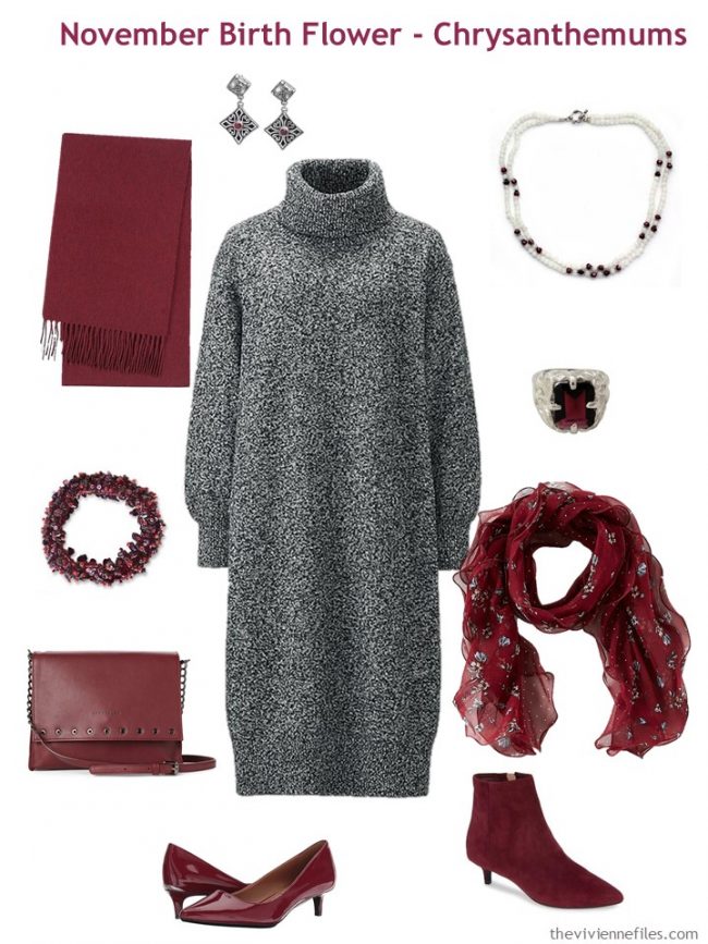 4. grey dress accented with wine red