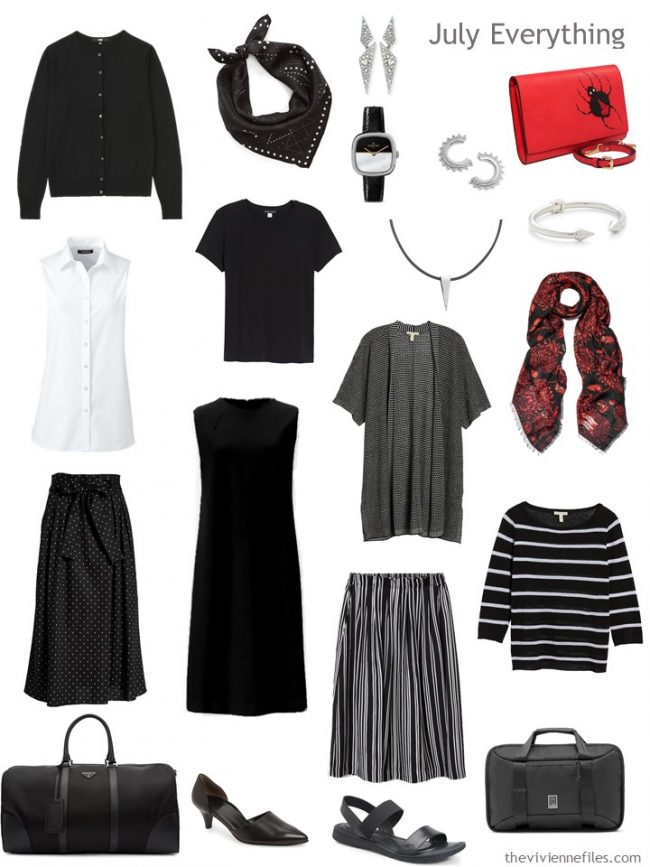 5. Capsule Travel Wardrobe for July in black, white and red